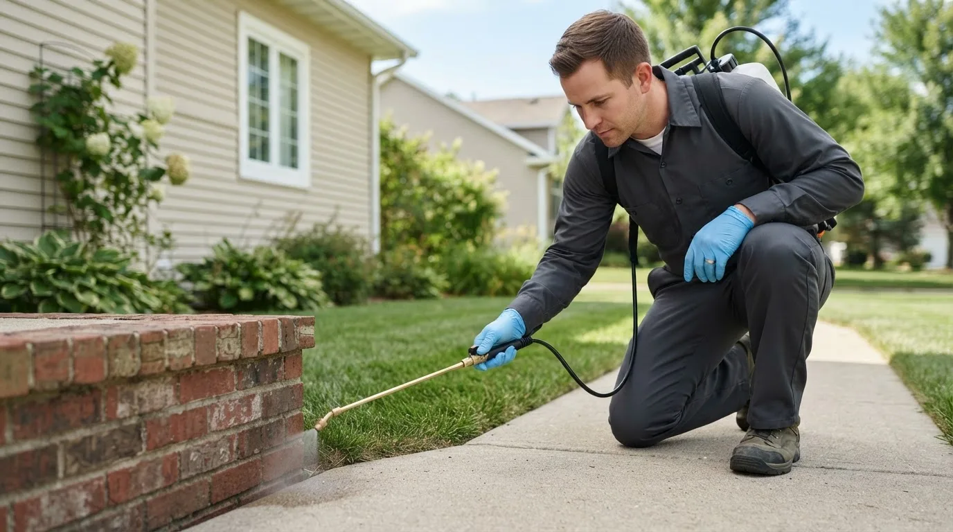 Pest control technician treating a home near Redford, MI